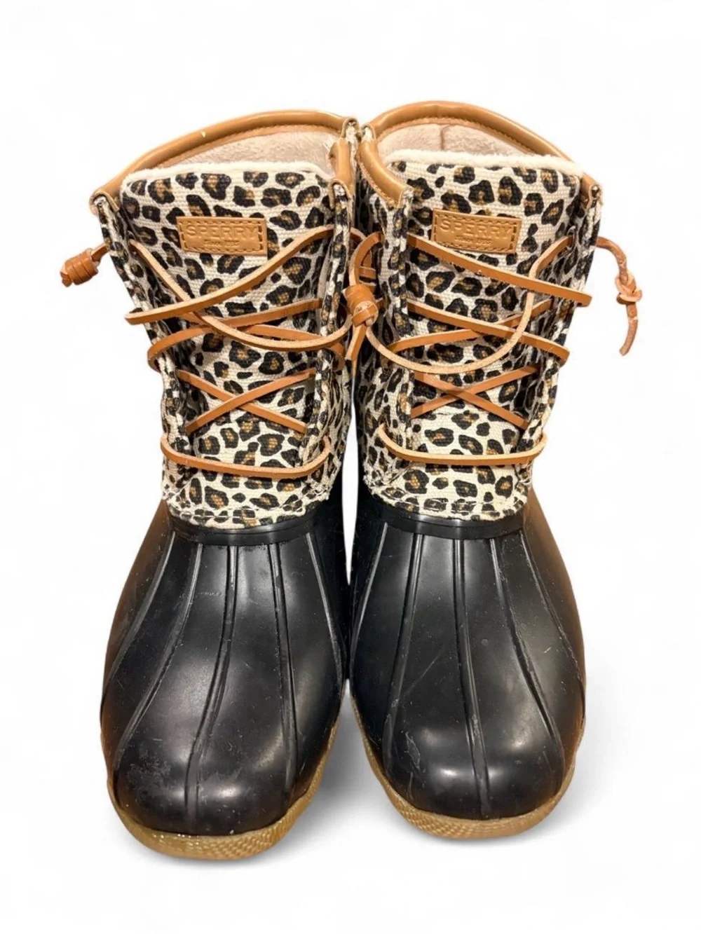 Sperry Leopard Print Winter Duck Boots with Black Rubber Lower Size 5
